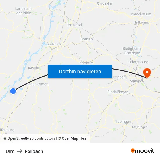 Ulm to Fellbach map