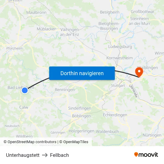 Unterhaugstett to Fellbach map