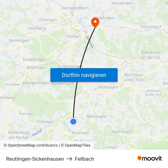 Reutlingen-Sickenhausen to Fellbach map