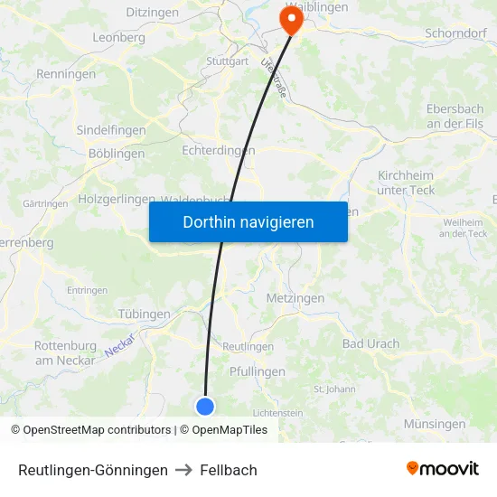 Reutlingen-Gönningen to Fellbach map