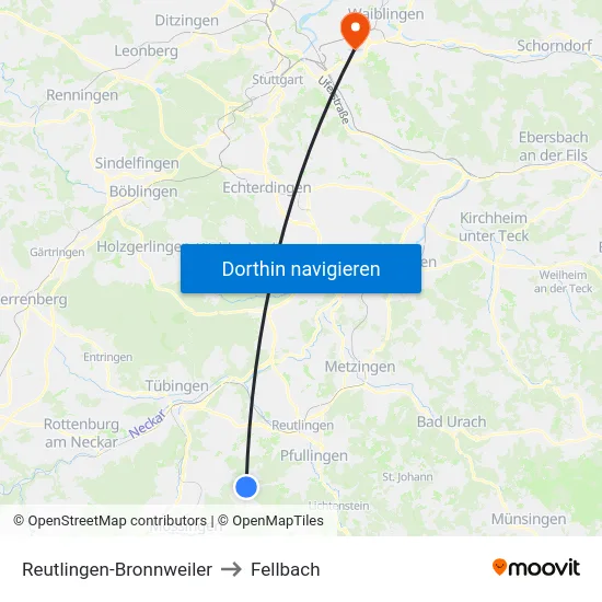 Reutlingen-Bronnweiler to Fellbach map