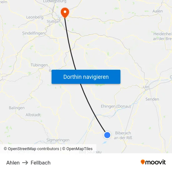 Ahlen to Fellbach map
