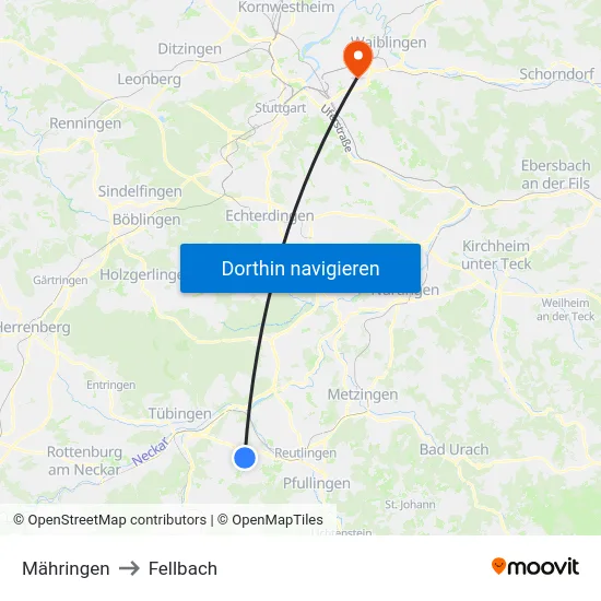 Mähringen to Fellbach map