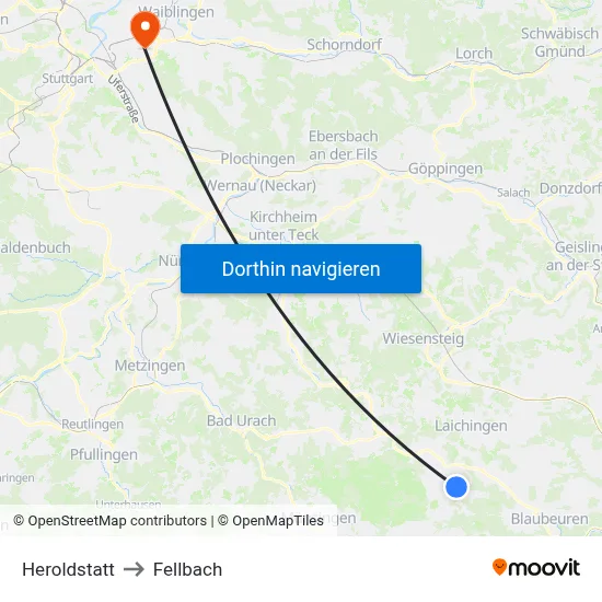 Heroldstatt to Fellbach map