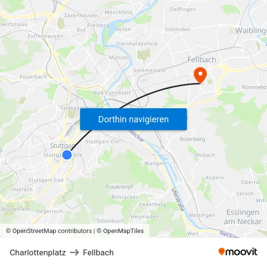Charlottenplatz to Fellbach map