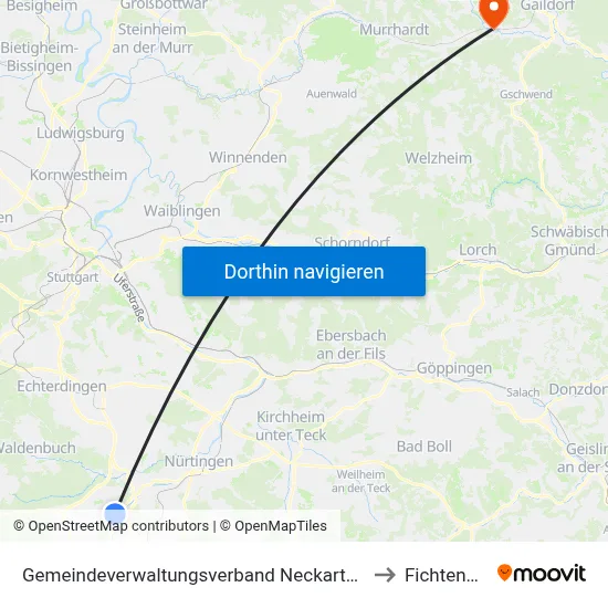 Gemeindeverwaltungsverband Neckartenzlingen to Fichtenberg map