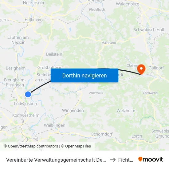 Vereinbarte Verwaltungsgemeinschaft Der Stadt Freiberg am Neckar to Fichtenberg map