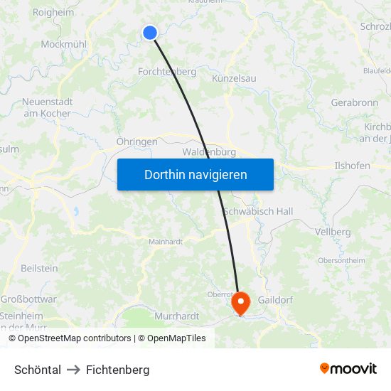 Schöntal to Fichtenberg map