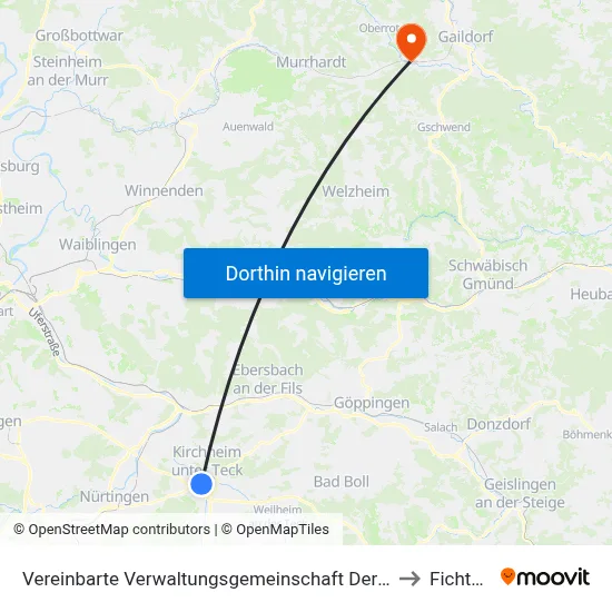 Vereinbarte Verwaltungsgemeinschaft Der Stadt Kirchheim Unter Teck to Fichtenberg map
