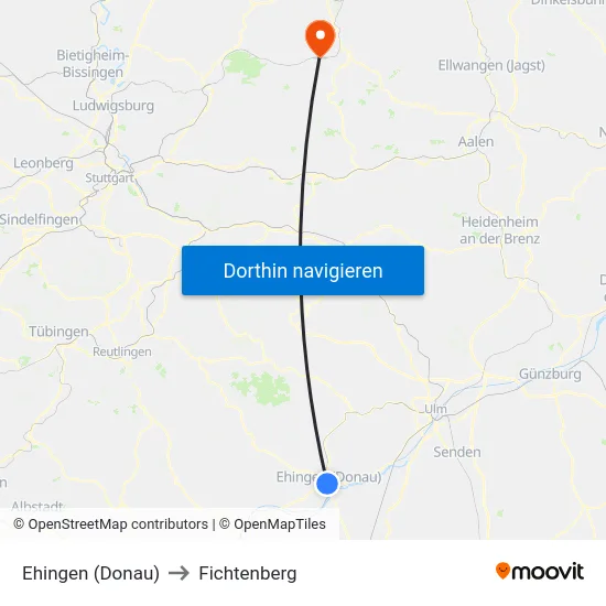 Ehingen (Donau) to Fichtenberg map