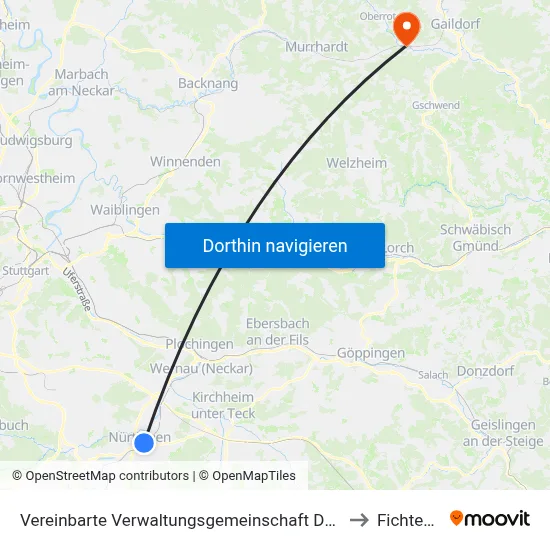 Vereinbarte Verwaltungsgemeinschaft Der Stadt Nürtingen to Fichtenberg map