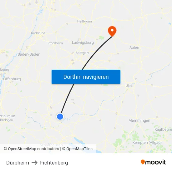 Dürbheim to Fichtenberg map