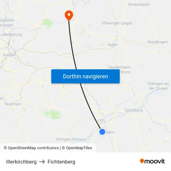 Illerkirchberg to Fichtenberg map