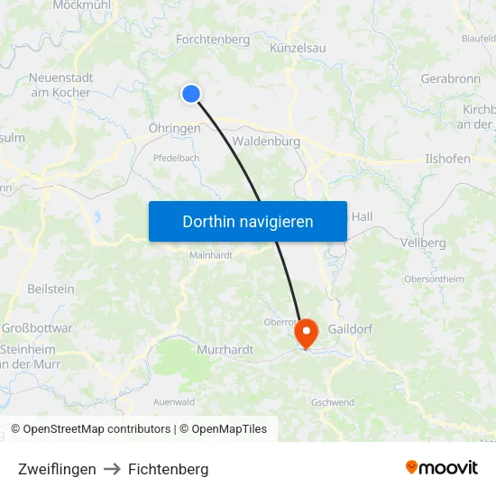 Zweiflingen to Fichtenberg map
