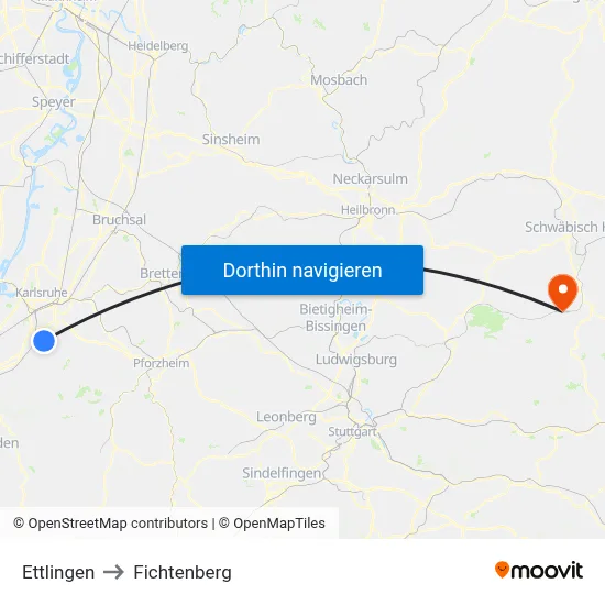 Ettlingen to Fichtenberg map
