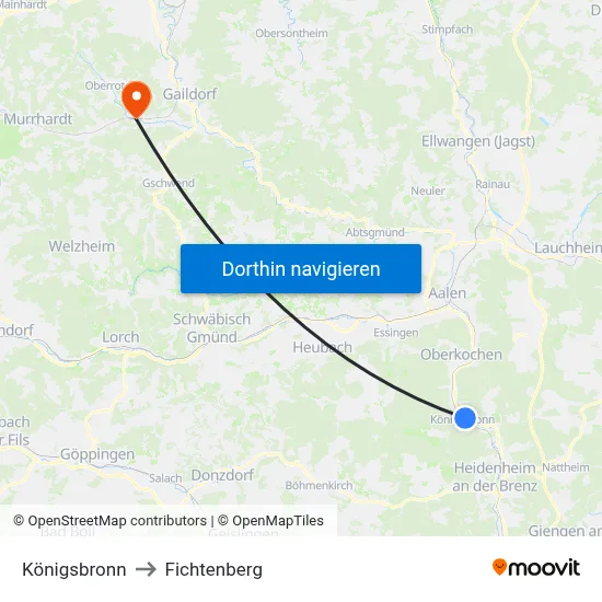 Königsbronn to Fichtenberg map