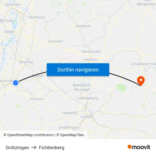 Grötzingen to Fichtenberg map