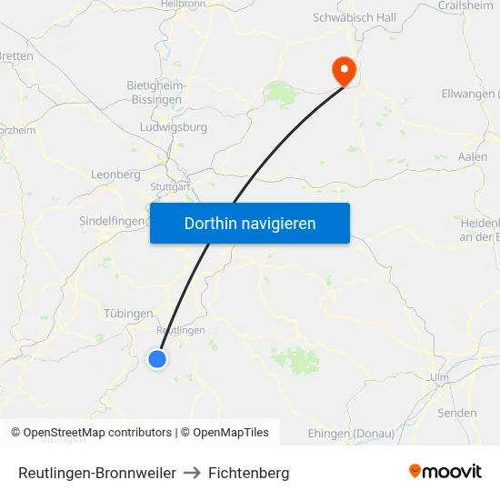 Reutlingen-Bronnweiler to Fichtenberg map