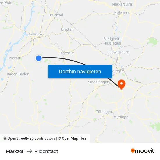 Marxzell to Filderstadt map