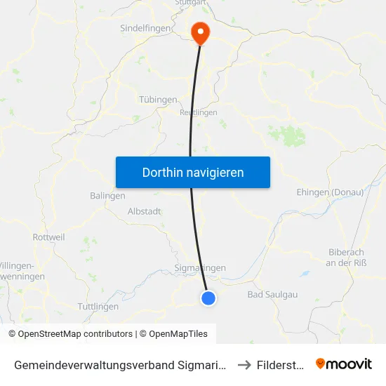 Gemeindeverwaltungsverband Sigmaringen to Filderstadt map