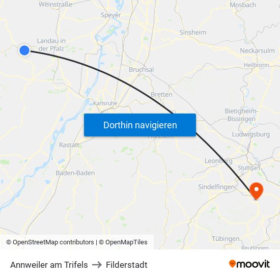 Annweiler am Trifels to Filderstadt map