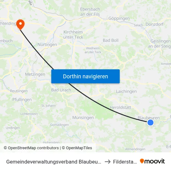 Gemeindeverwaltungsverband Blaubeuren to Filderstadt map