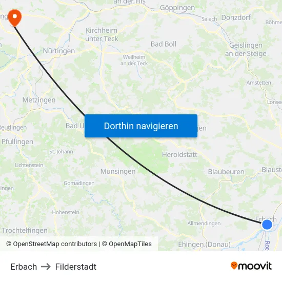 Erbach to Filderstadt map