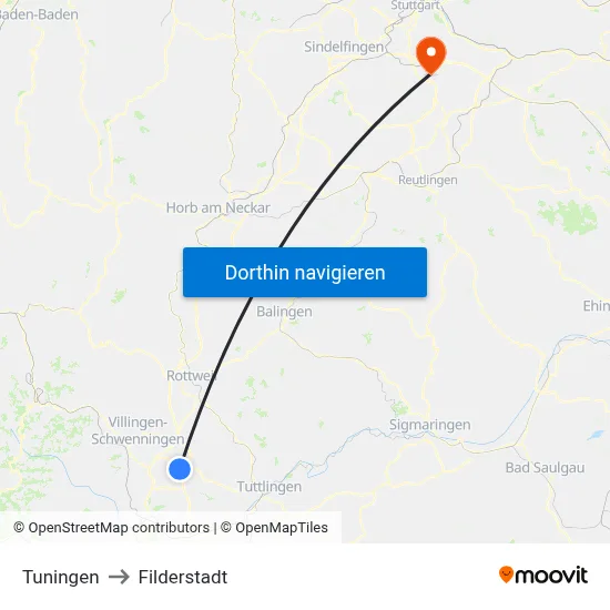 Tuningen to Filderstadt map