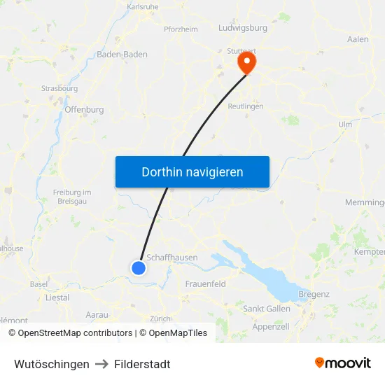Wutöschingen to Filderstadt map