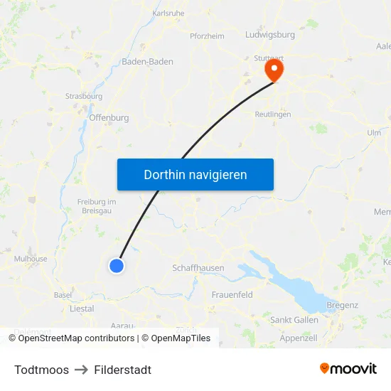 Todtmoos to Filderstadt map