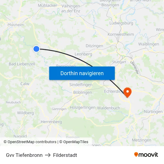 Gvv Tiefenbronn to Filderstadt map