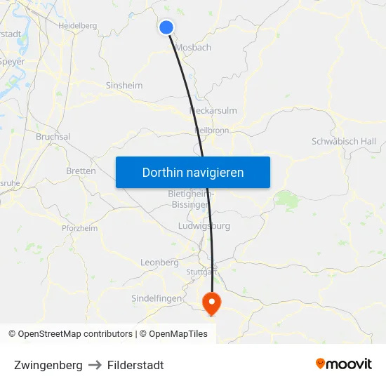 Zwingenberg to Filderstadt map