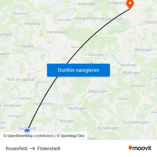 Rosenfeld to Filderstadt map