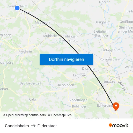 Gondelsheim to Filderstadt map