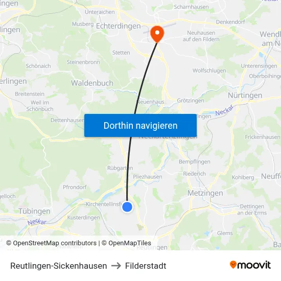 Reutlingen-Sickenhausen to Filderstadt map