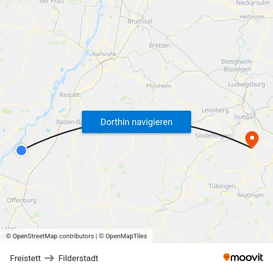 Freistett to Filderstadt map