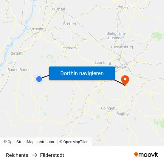 Reichental to Filderstadt map