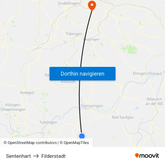 Sentenhart to Filderstadt map