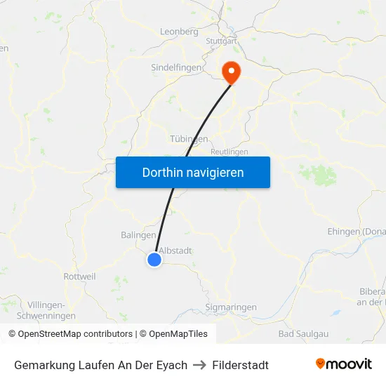 Gemarkung Laufen An Der Eyach to Filderstadt map