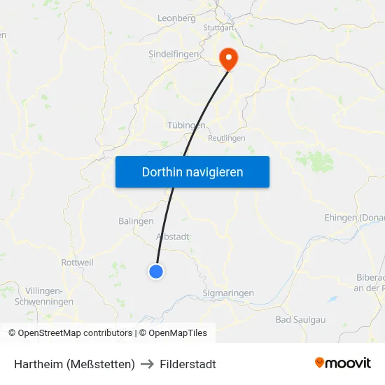 Hartheim (Meßstetten) to Filderstadt map