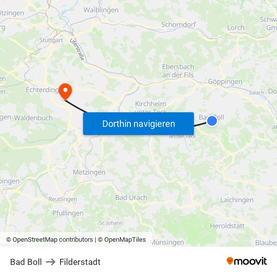 Bad Boll to Filderstadt map
