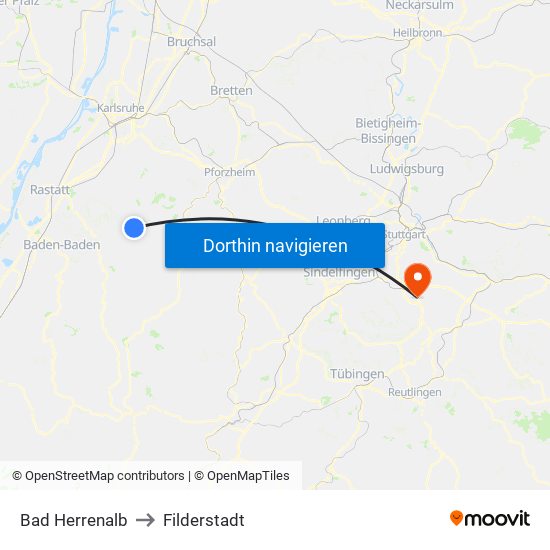 Bad Herrenalb to Filderstadt map