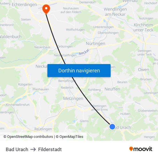 Bad Urach to Filderstadt map