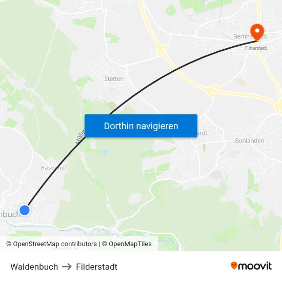 Waldenbuch to Filderstadt map