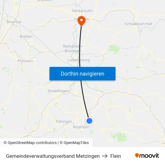 Gemeindeverwaltungsverband Metzingen to Flein map