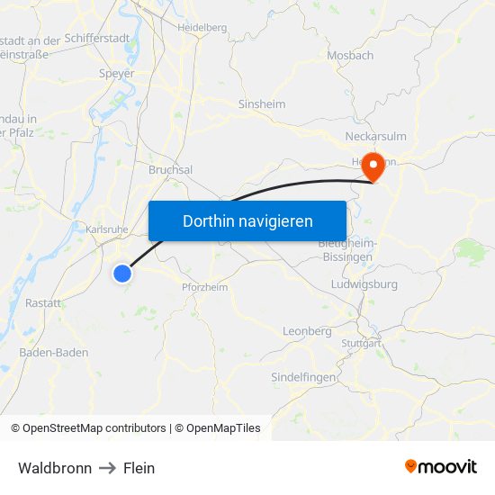 Waldbronn to Flein map