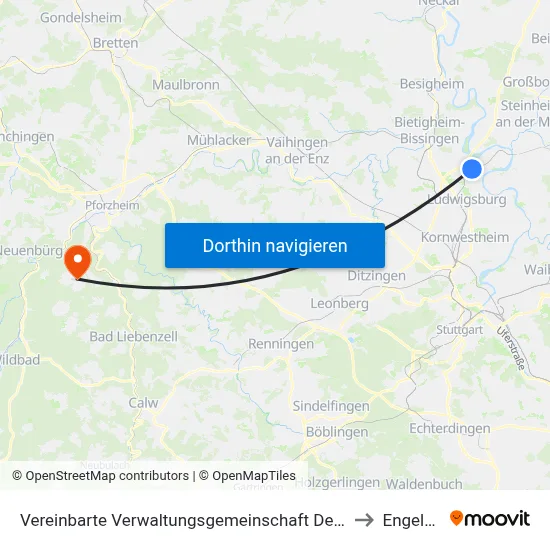 Vereinbarte Verwaltungsgemeinschaft Der Stadt Freiberg am Neckar to Engelsbrand map