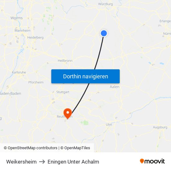 Weikersheim to Eningen Unter Achalm map