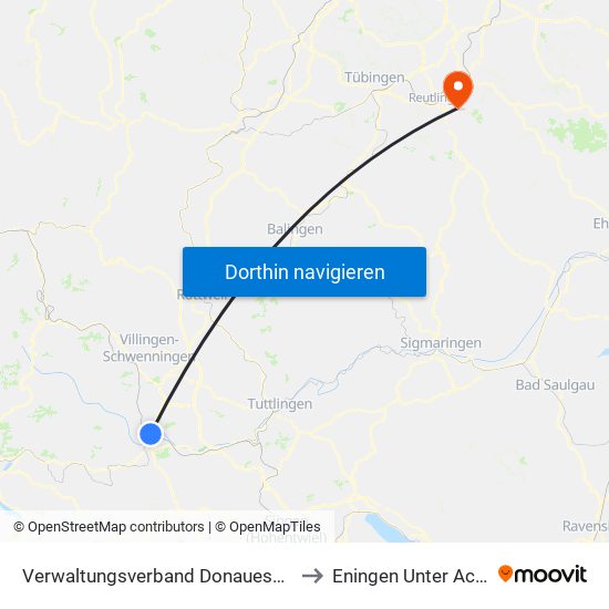 Verwaltungsverband Donaueschingen to Eningen Unter Achalm map