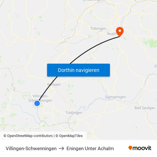 Villingen-Schwenningen to Eningen Unter Achalm map